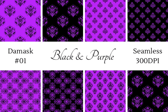 Black Purple Damask Seamless Patterns
