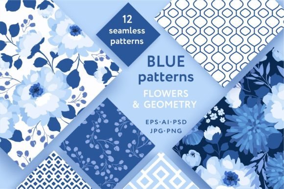 Blue Patterns. Flowers Geometry