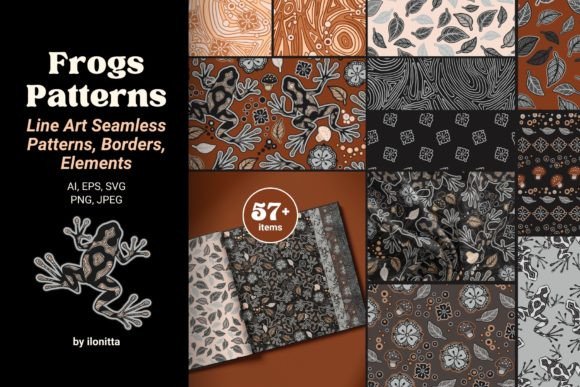 Brown Line Art Frogs Seamless Patterns: A Versatile Design Resource for Creative Projects