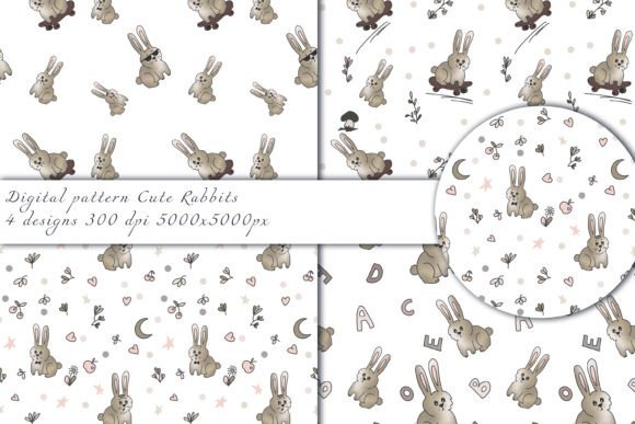 Cute Rabbits Set Seamless Patterns