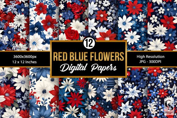 Patriotic Red Blue Floral Patterns for Creative Projects and Everyday Use