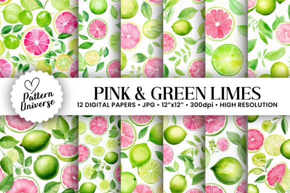Pink Green Watercolor Limes Patterns for Creative Projects
