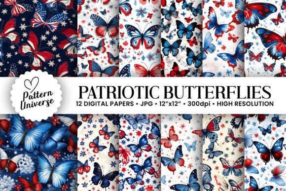 Red Blue Patriotic Butterflies Patterns for Creative Projects