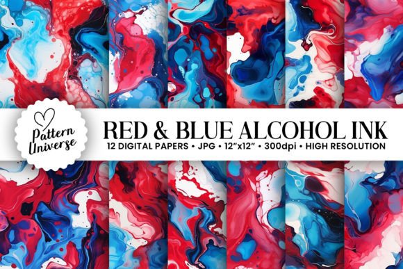 Red Blue White Alcohol Ink Patterns